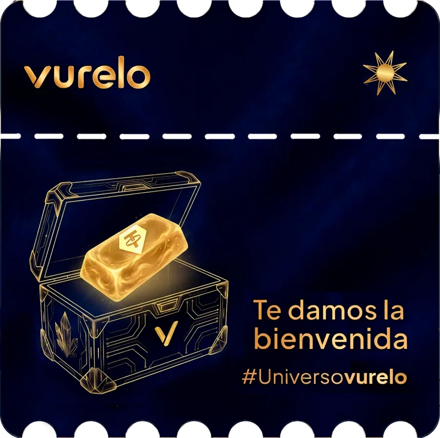 Cupón de bienvenida vurelo con un cofre y un lingote de oro digital
