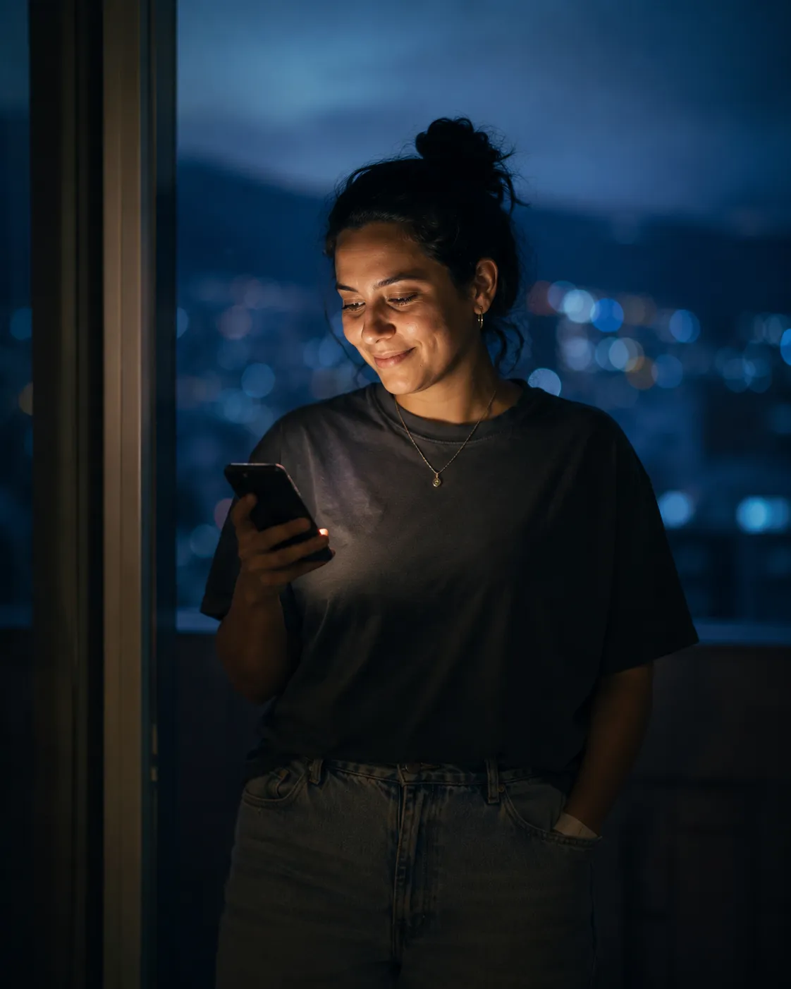 Mujer sonriendo mientras mira su celular frente a la ciudad de noche